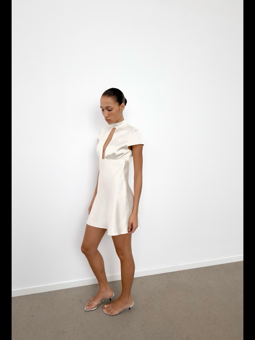 Zara WHITE Satin EFFECT  Dress with Front Cutout NECT TIE CLOSURE